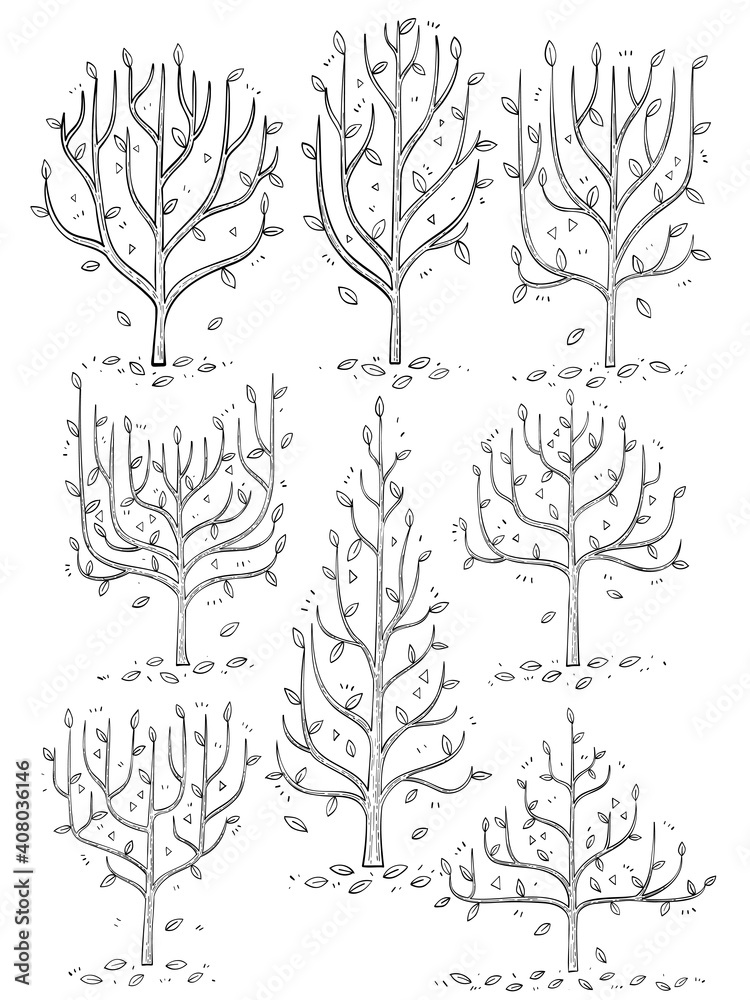 hand drawn side view tree vector set. hand drawn side view tree vector set.