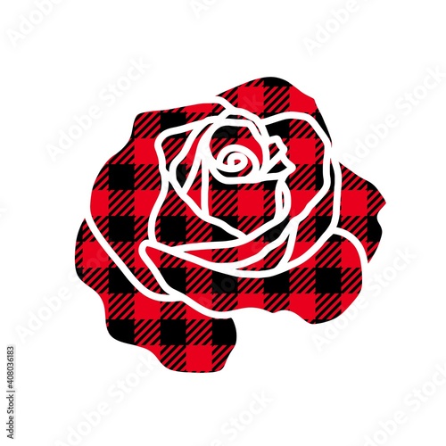 Vector illustration of Rose flower silhouette with buffalo plaid pattern isolated on white background. Hand drawn blooming rose with Lumberjack plaid ornament for cut, print, t shirt design, card.