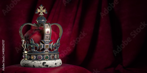 Royal golden crown with jewels on pillow on pink red background. Symbols of UK United Kingdom monarchy.