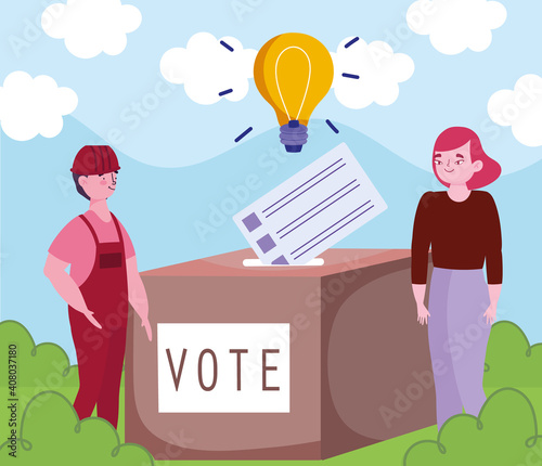 worker and woman casting ballots at voting place