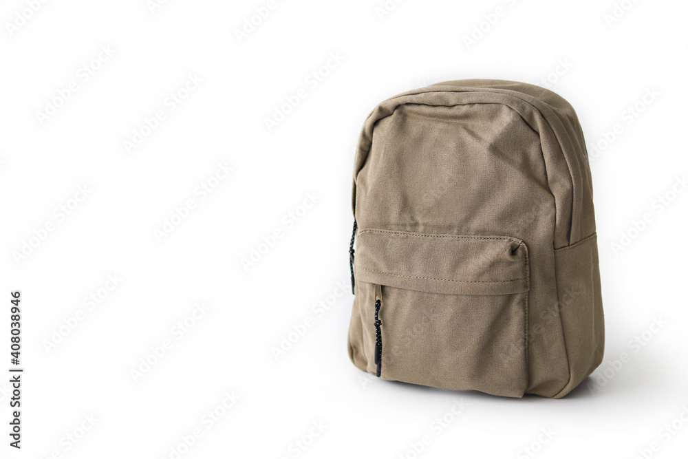 Brown backpack isolated on white background, with copy space