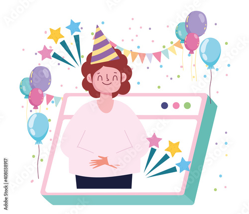virtual party, man celebrating during quarantine self isolation