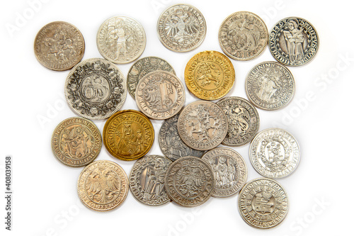 Medieval coins on the white