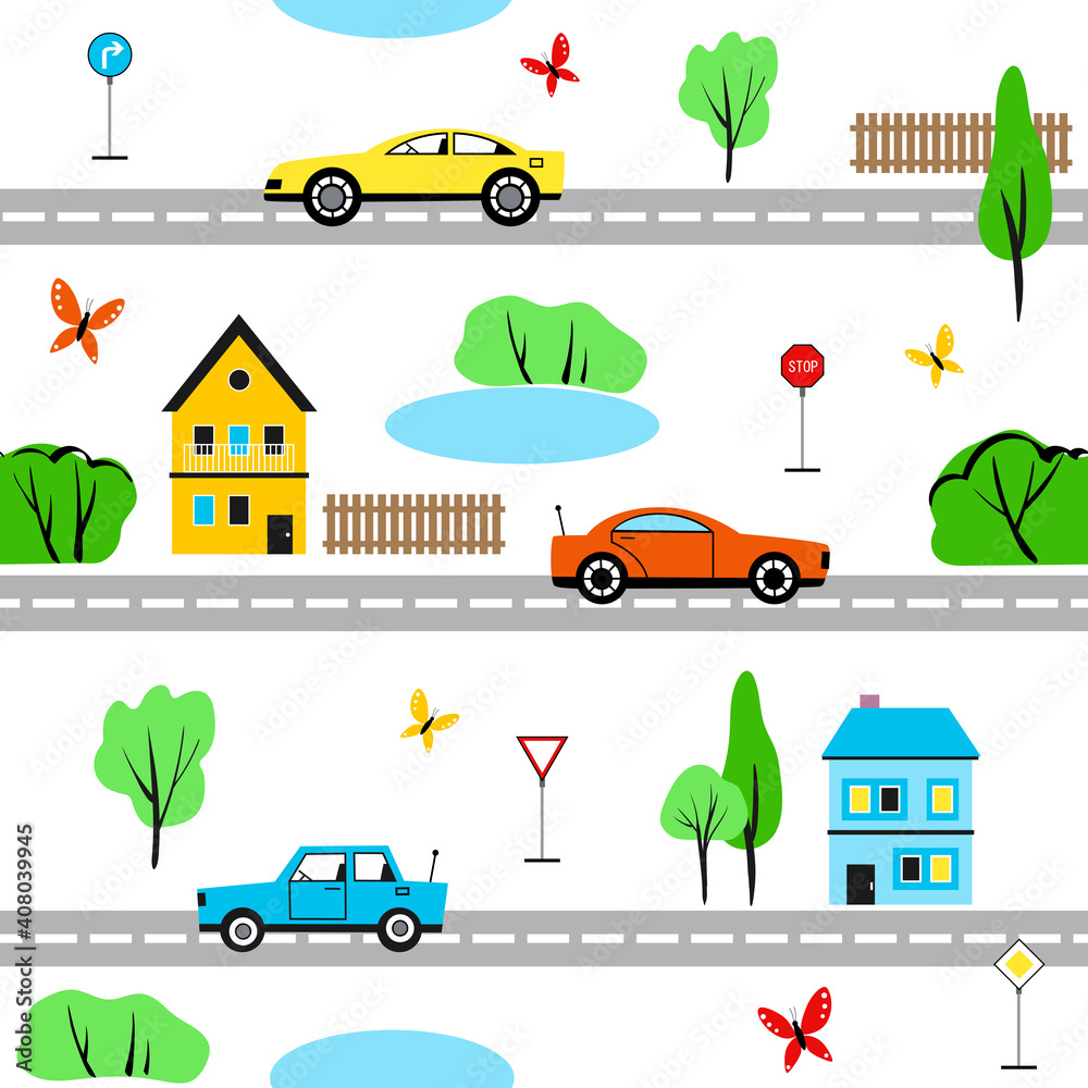 Cute seamless baby vector pattern with cars driving on road. Funny illustration for kids textile with repeated ornament of city transport on white background. Summer cityscape with auto, houses, trees