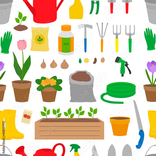 Seamless pattern gardening elements vector illustration. Garden tools.