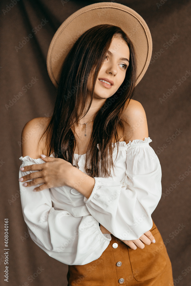 Portrait of Cute teenager impressed discount isolated brown background Portrait of Cute teenager impressed discount isolated brown background