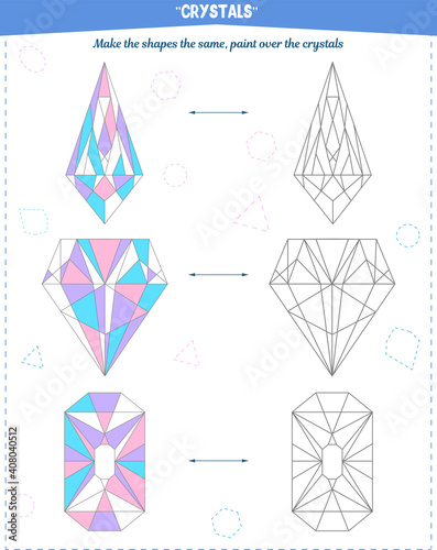 Coloring book to develop attention, spatial and motor skills. The task to color the crystals according to the sample