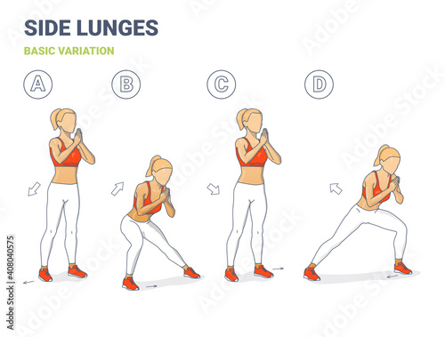 Side Lunges Girl Exercise Guidance. Lateral Lunges home weightloss workout exercise illustration.