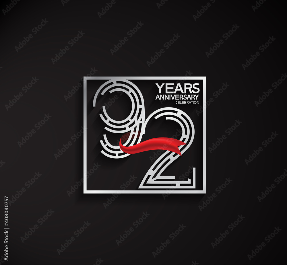 92 years anniversary logotype with square silver color and red ribbon can be use for special moment and celebration event