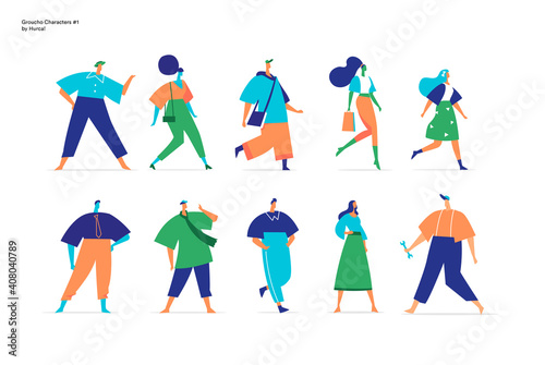 Collezione di personaggi maschili e femminili che camminano in diverse posizioni isolati su fondo bianco