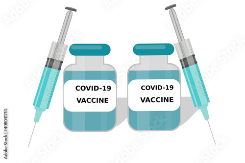 Coronavirus vaccine vector background. Covid-19 corona virus vaccination with vaccine bottle and syringe injection tool for covid19 immunization treatment. Vector illustration.