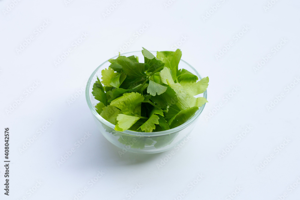 Chinese celery leaves in glass bowl on white Chinese celery leaves in glass bowl on white