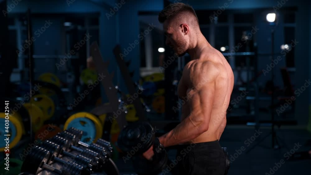 Muscular Bodybuilder Man Holding Dumbbells. Fit young man holding dumbbells while working out at gym