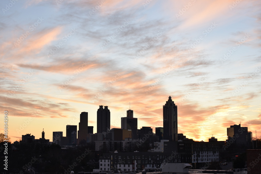 Downtown Atlanta with a dramatic sunset sky 