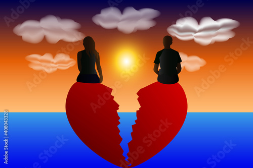 Silhouette of a young couple sitting on a broken heart shaped rock. Love and valentine's day concept.
