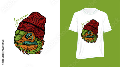 Iguana head illustration with trendy design stylish T-shirt and clothes