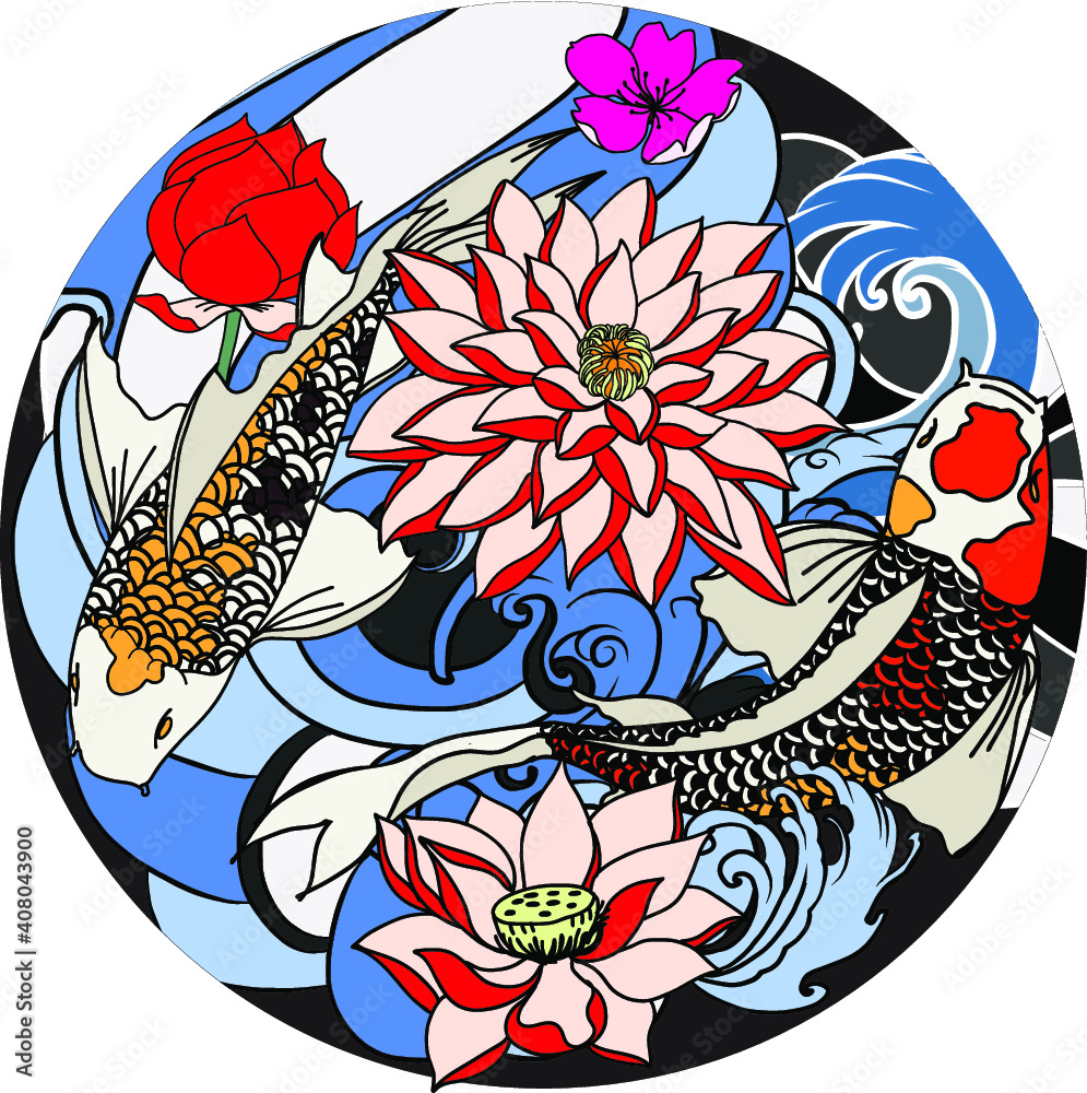 Fototapeta hand drawn Dragon and koi fish with flower tattoo for Arm,Japanese carp line drawing coloring book vector image.Dragon and koi fish fighting and water splash.doodle art and zentangle style