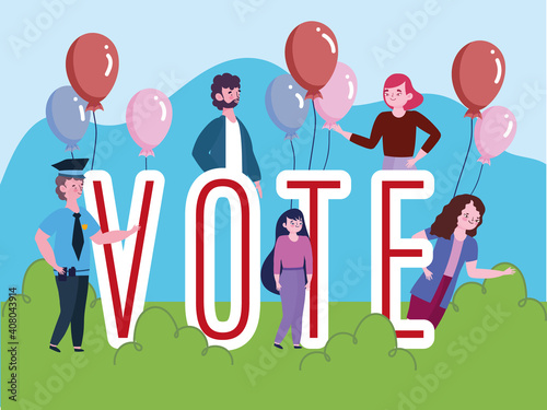 people with huge vote lettering and balloons celebration elections