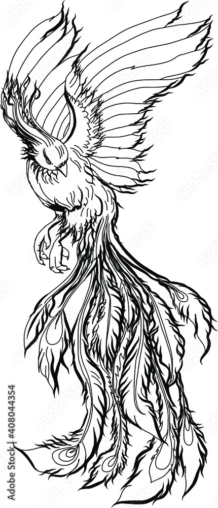 Obraz premium Japanese peacock tattoo.Asian Phoenix fire bird tattoo design.Colorful Phoenix fire bird colouring book illustration.Hand drawn Japanese tattoo style.