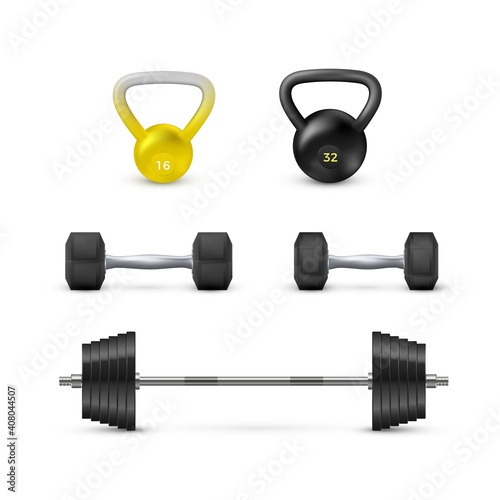 Set of dumbbells barbells and weight. Fitness and bodybuilding equipment. Vector elementrs isolated on white background
