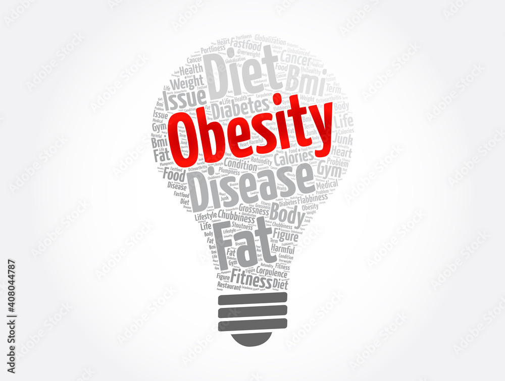 Obesity light bulb word cloud collage, health concept background Obesity light bulb word cloud collage, health concept background