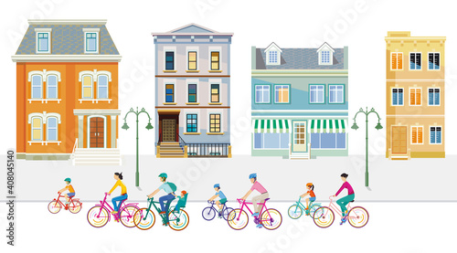 Radfahrer im Vorort mit Wohnhäuser