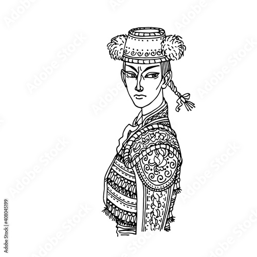 woman toreador in festive jacket and traditional cap, the character of the Spanish bullfight, vector illustration with black contour lines isolated on white background in cartoon and hand drawn style