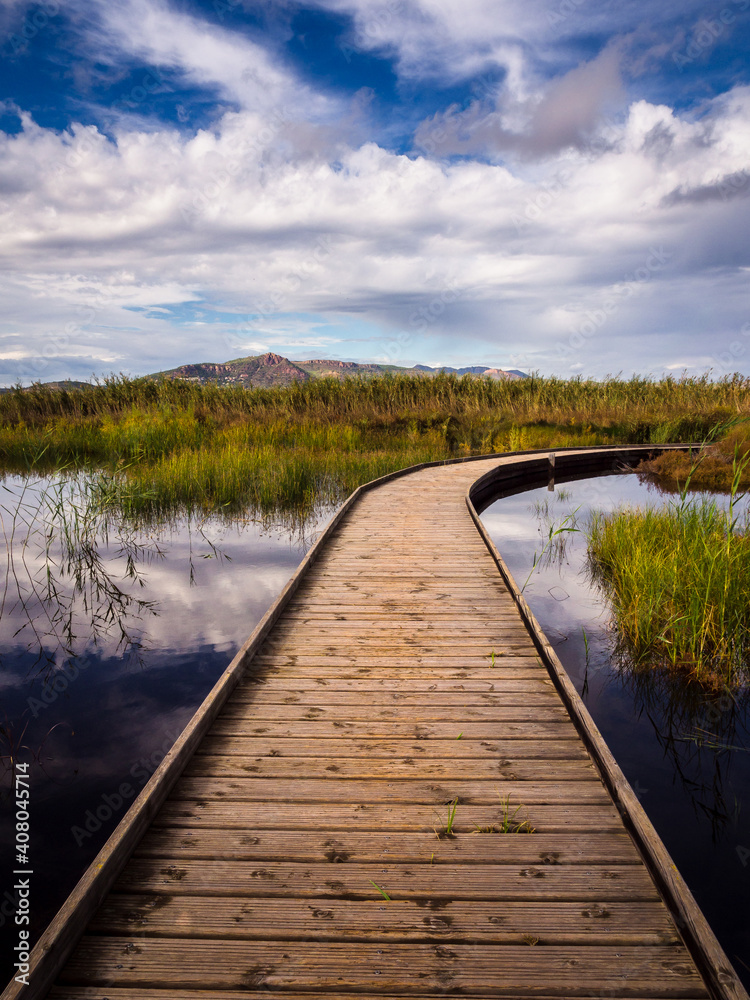 Camino de madera que se adentra en una laguna con vegetación verde y montañas al fondo con un cielo de nubes blancas Camino de madera que se adentra en una laguna con vegetación verde y montañas al fondo con un cielo de nubes blancas