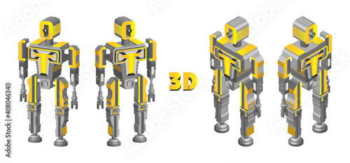 3D set. High tech humanoid type robot in four projections isolated on white background. EPS10
