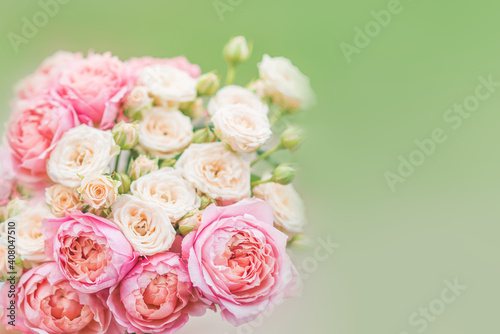 spring background with flowers. Bouquet with bush roses on a soft green background . Pink and cream roses in a wedding bouquet.