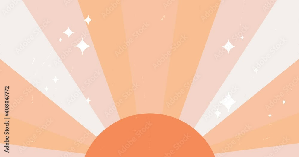 Retro hippie background with sun, rays and shining stars. Vintage abstract geometric trendy solar shape backdrop with Earthy colour palette. Looped boho animation.