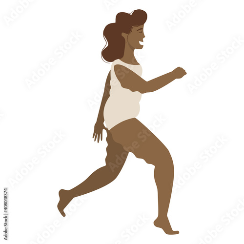 A black happy woman in a cellulite swimsuit, overweight runs in a flat cartoon style, isolated on a white background. Sport is a joy, love your body, a positive body. Vector illustration