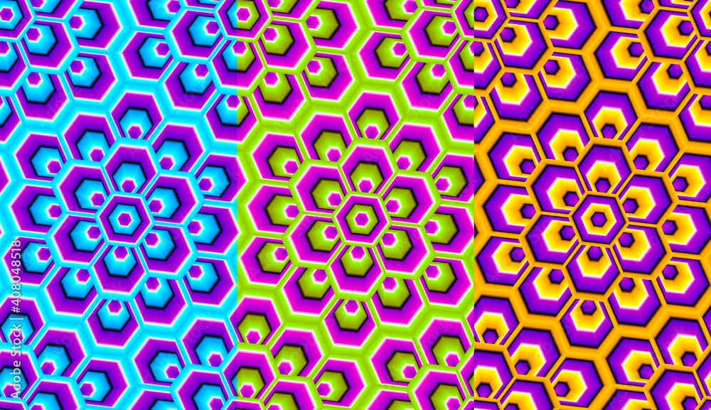 Set of colorful wrapping paper with flowers in techno style. Optical illusion of movement. Seamless pattern. Set of colorful wrapping paper with flowers in techno style. Optical illusion of movement. Seamless pattern.