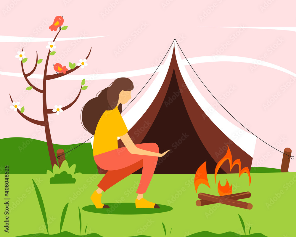 Tourist woman warming her hands by the fire. The concept of an active lifestyle, Hiking, outdoor recreation. Cute spring illustration in flat style. 