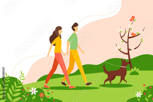 Woman and man walking with dog in the park in spring. The concept of an active lifestyle, outdoor recreation. Vector illustration in a flat style.