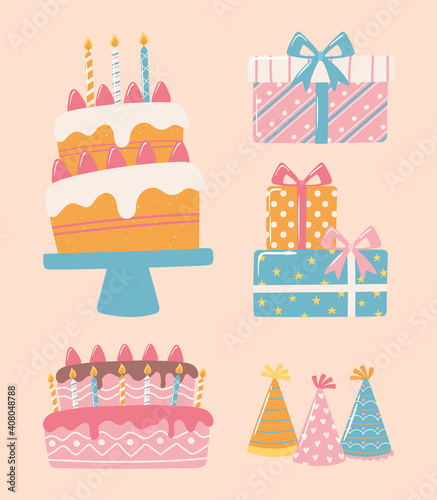 happy birthday cake gifts and hats celebration party cartoon icons set