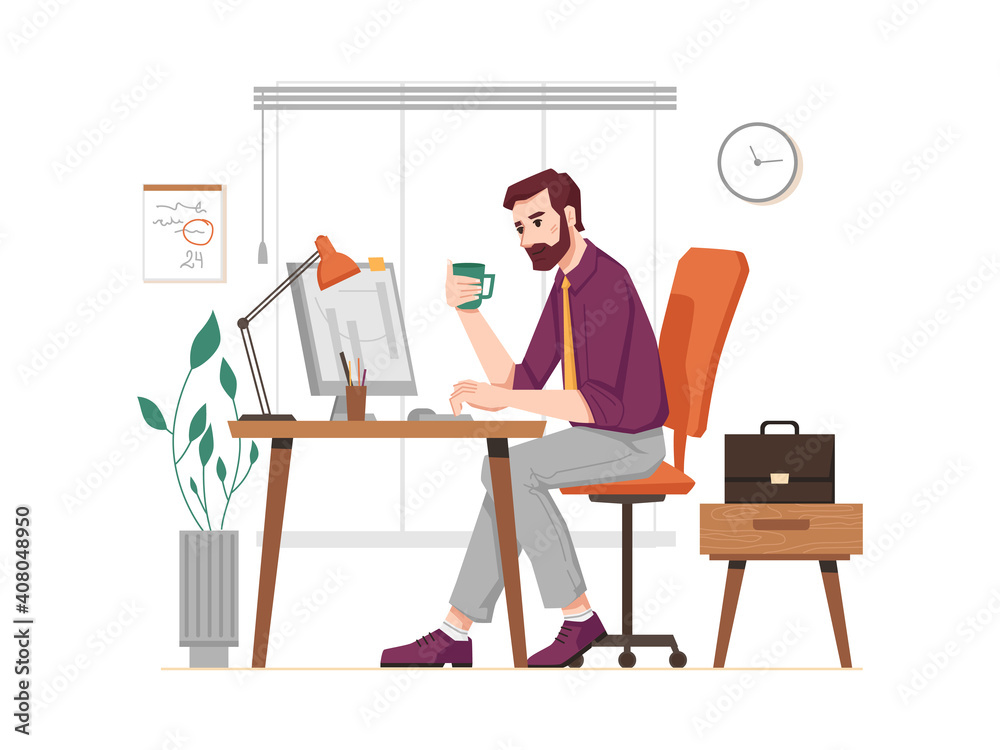 Neat man working at computer in office flat cartoon character. Vector bearded guy with cup of coffee sitting at desk with stationary. Businessman at work place, briefcase on chair, clock on wall