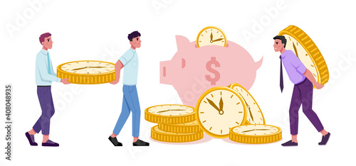 Saving time and money concept, people carry coins in shape of watches. Vector finance and investment, financial banking payments of savings in future. Time-management, wealth and profit, stopwatch