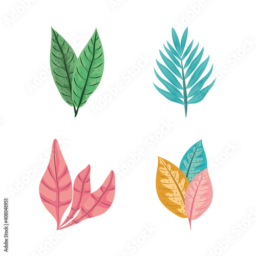 tropical leaf foliage greenery plants icon set flat design