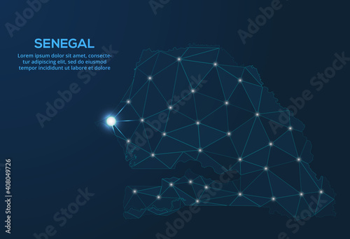 Senegal communication network map. Vector low poly image of a global map with lights in the form of cities. Map in the form of a constellation, mute and stars. © Tetiana