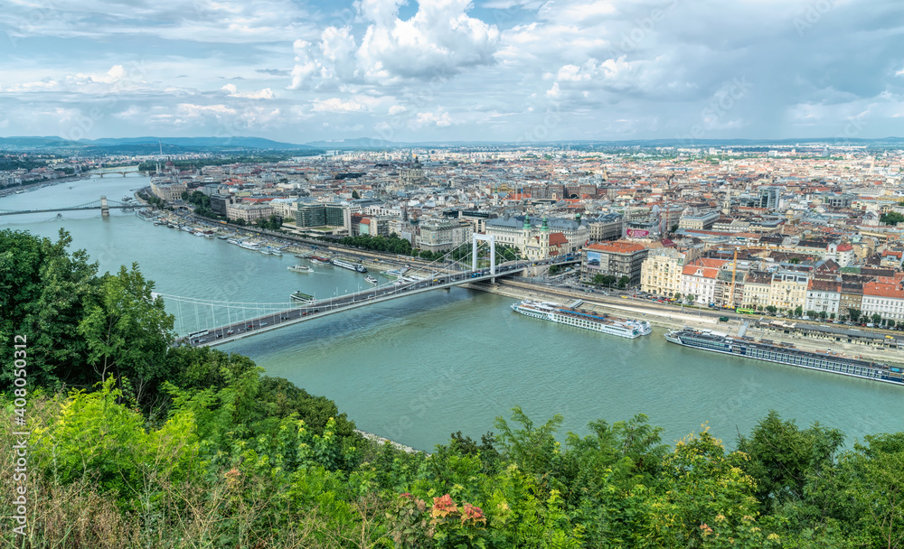 Budapest, Hungary, August 29, 2019: the Danube River bridges and the panorama of Budapest, the capital of Hungary, in the summer. A tourist trip to the ancient metropolitan cities of Europe