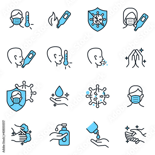 Coronavirus Protection set icon. Antiseptic, Fever, Washing Hands, Man and Woman Wearing Face Mask symbol vector illustration