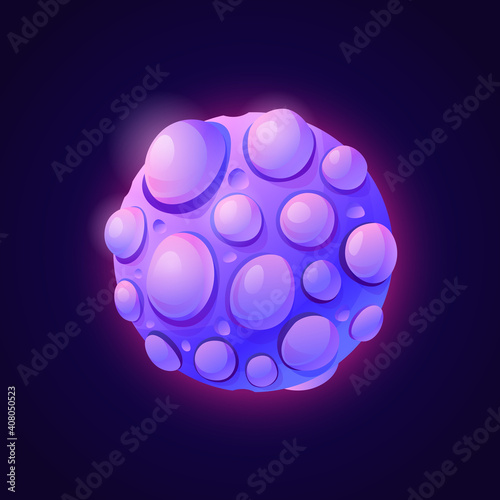 Asteroid or cosmic celestial body made of plasma. Isolated fantasy planet with humps. Universe and outer space design for game or science fiction. Purple meteor. Cartoon vector in flat style