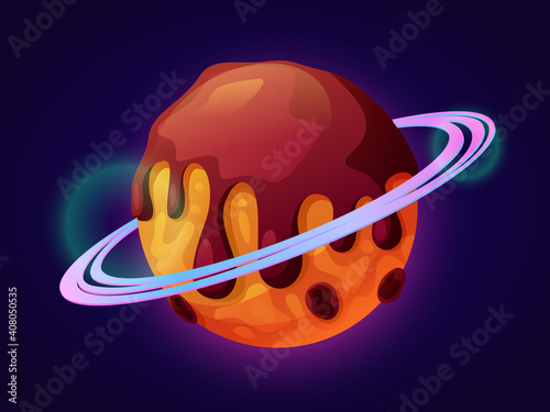Fantasy or fiction planet with chocolate topping and glazing. Sweet dessert or celestial body found in universe and outer space. Exploration of cosmos and constellations. Cartoon vector in flat style
