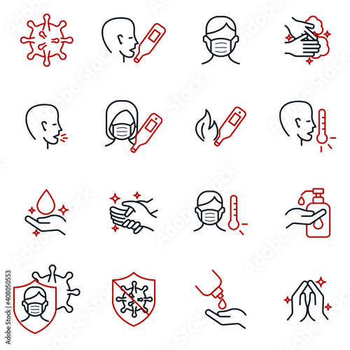 Coronavirus Protection set icon. Antiseptic  Fever  Washing Hands  Man and Woman Wearing Face Mask symbol vector illustration