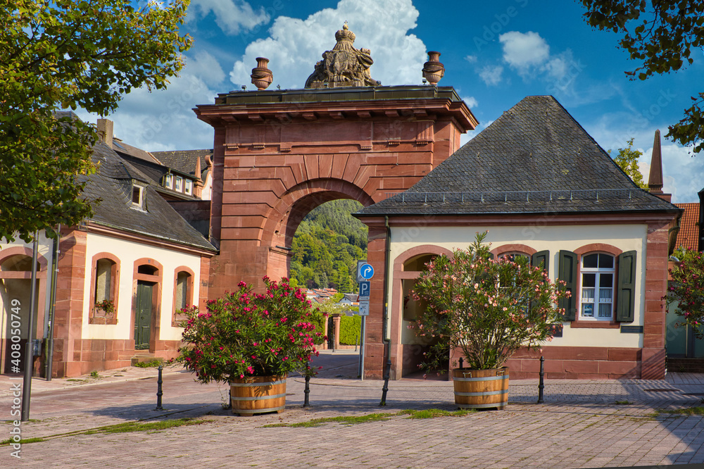 Old stone city gate at a town in southern germany with blue sky