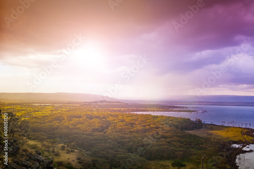 Fototapeta Naklejka Na Ścianę i Meble -  Panorama of Naivasha lake in Kenya Nakuru county view from hill, Africa