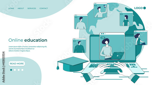 Online education.People connect with each other through video conferences to gain knowledge.The concept of distance learning,using a laptop when you are anywhere in the world.