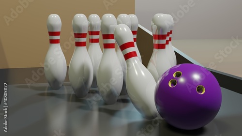 Bowling Ball Touching Pins, 3D Render High Definition Image
