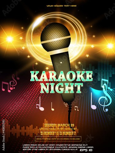 Karaoke party invitation flyer template. Microphone on an abstract dots background, light effect, musical notes. Concept for a night club advertising company. Creative invite poster. Vector eps 10